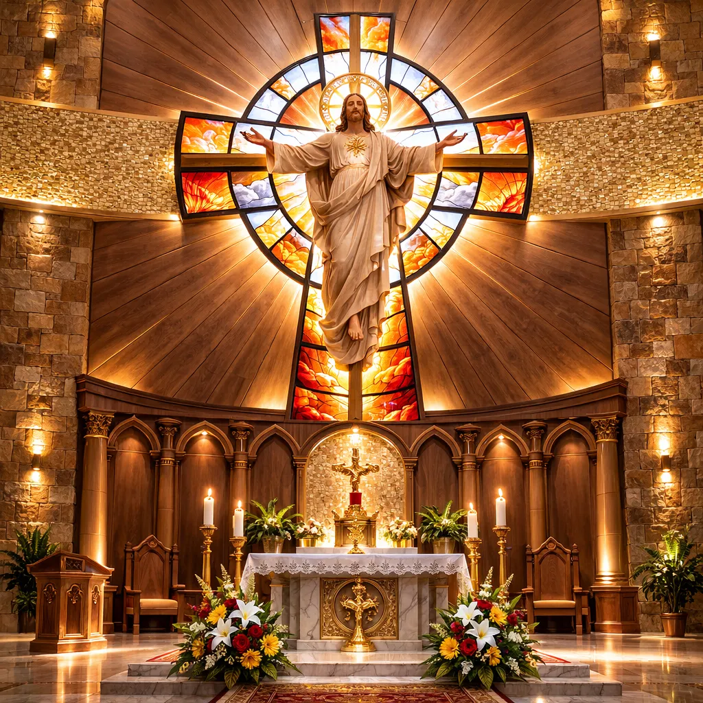 The chapel at Bravo Family Mortuary featuring a beautiful stained glass cross