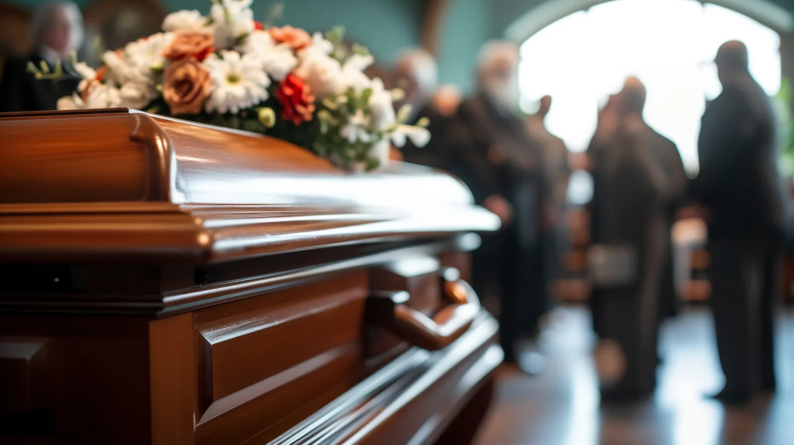 A dignified funeral service at a San Diego funeral home — a polished wooden casket with a floral spray as family gathers to say goodbye
